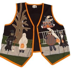 Vtg Paul Harris Halloween Embroidered Women XL Sweater Vest Vampire Ghost Witch